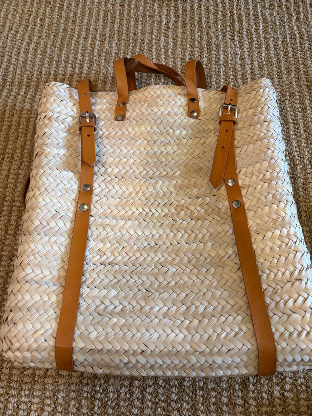 Natural Straw Tote with Tan Leather Straps